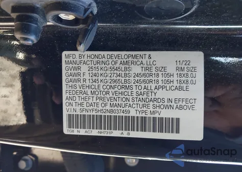 2022 Honda Pilot 2Wd Ex-L from USA, damaged, VIN 5FNYF5H52NB037459